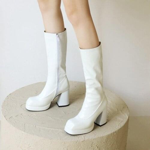 Chic Chunky High Heels Goth Boots Shoes Women Square Toe Platform Knee High Boot Woman Shiny Patent Leather Shoes Big Size 47 48