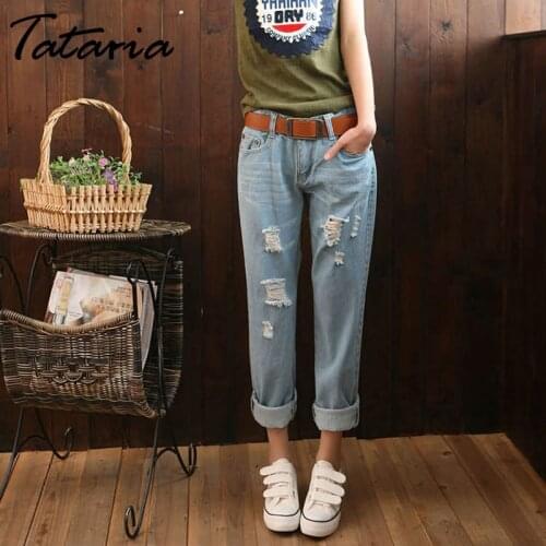 Tataria Womens Hole Ripped Jeans Women Loose Ankle-length Harem Pants Trousers Boyfriend Jeans for Womens Casual Denim Jeans
