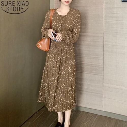 2021 Spring New Elegant Pleated Dress Fashion Women Korean High Waist Dot Print Dresses O-neck Sweet Chiffon Dress 12698