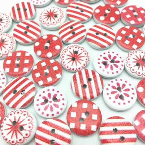 100pcs15mm Red Mixed Painted Flowers Dots Buttons Wood 2 Holes Sewing Round Button Embellishments For Scrapbooking