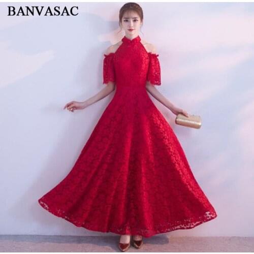 BANVASAC 2018 A Line Halter Lace Embroidery Long Evening Dresses Vintage Party Half Ruffles Sleeve Prom Gowns