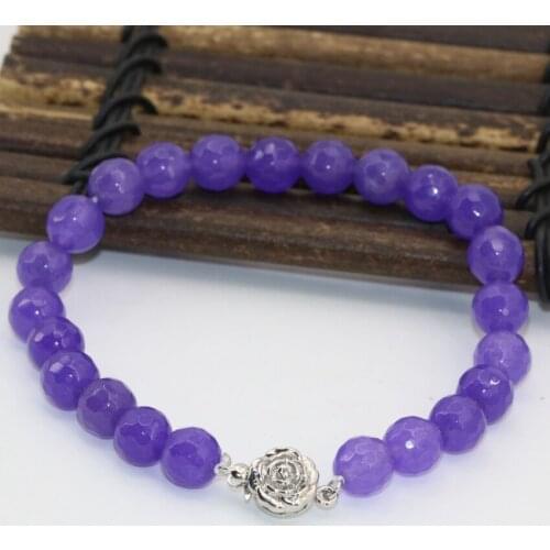 8mm silver-color flower clasp purple faceted round beads natural stone jades chalcedony bracelet for women jewelry 8inch B2706
