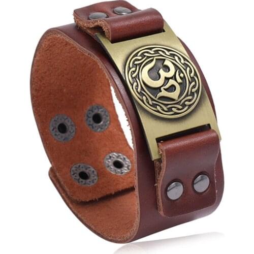 Charm OM Genuine Leather Bracelet Men Vintage Viking Nordic Runes Odin Symbol Wrap Bangle Women Jewelry Accessories Gifts