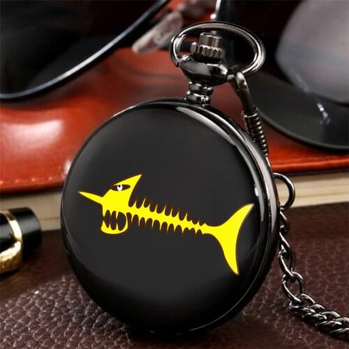 Printed Cartoon Fish Bone Skeleton Retro Quartz Pocket Watch Double Smooth Full Hunter Pendant Antique Fob Watch Gifts Men Women