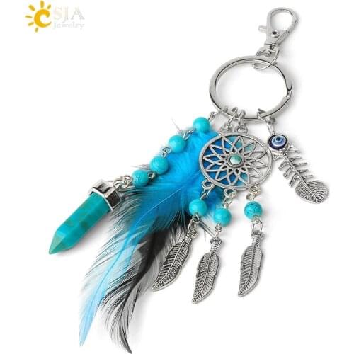 CSJA Dream Catcher Keychains Blue Feather Tassel Hamsa Hand Evil Eye Keyring for Wall Car Hanging Decor Amulet Boho Jewelry G496