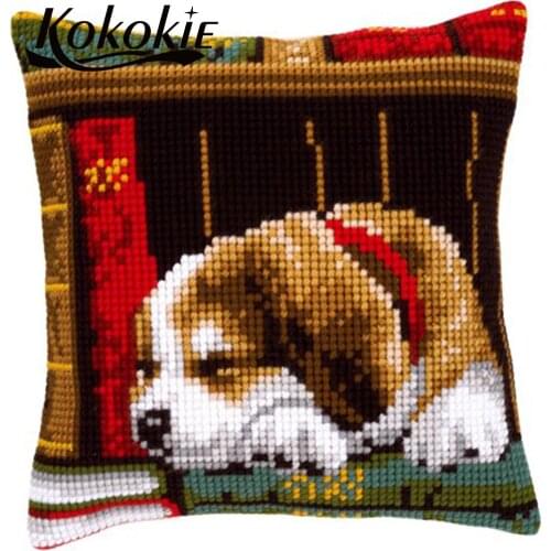 DIY decorative embroidered cushion mats dog pattern cross stitch pillow kits embroidery yarn needlework set throw pillow