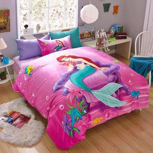 Disney Cartoon Little Mermaid Ariel Printed Pink Bedding Sets for Childrens Girls Bedroom Decor Cotton Duvet Cover Set 1.5m Bed