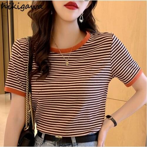 Hikigawa T-shirt Vintage Contrast Color Striped Woman Tshirts 2021 Summer New Comfortable Chic Top Female Korean Straight Tops