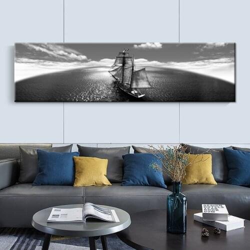 HD Print Abstract Black White Sailboat Seascape Oil Painting on Canvas Modern Landscape Poster Art Wall Picture for Living Room