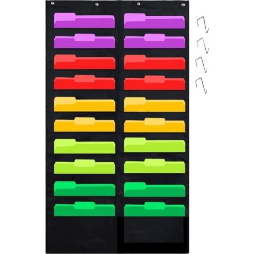 Folder Pocket Chart (Black), Cascading Wall Organizer for School, Classroom, Home or Office Use, 20 Pocket Chart Hanging Wall