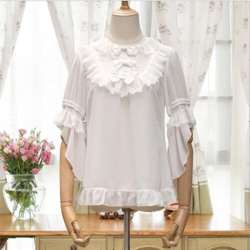 Korean Womens Lolita Chiffon Shirt Lace Ruffle Ｗhite Blouses Girls Summer Casual Transparent Tops Short Flared Sleeve Shirts