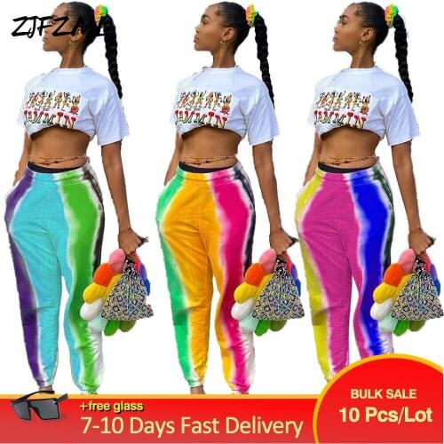 Bulk Items Wholesale Lots Rainbow Striped Print Jogger Pants Spring Autumn High Waist Side Pockets Go Out Wear Long Sweatpants