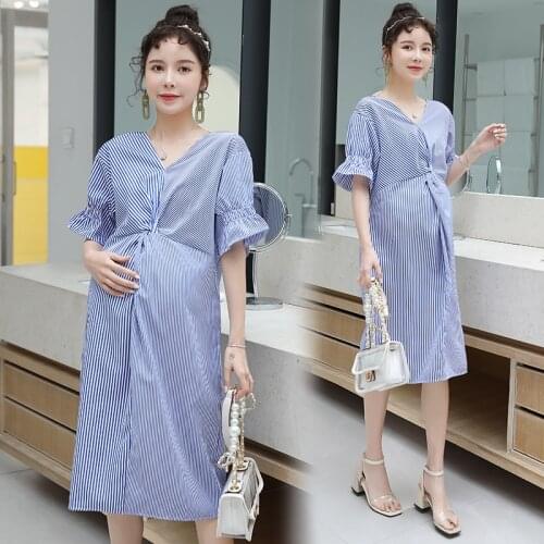 275# Maternity Clothes Summer Short Sleeves V Neck Stripe Easy Matching Loose Stylish Dress Pregnant Women Mom Dress