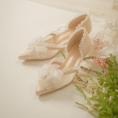 Summer new lace bowknot pointed hollow stiletto high-heel bridal wedding shoes banquet dress all-match comfortable womens sandal