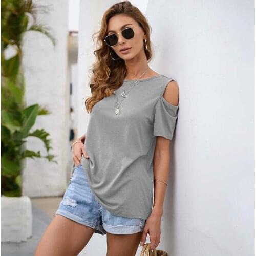Summer Women Casual T Shirt Solid Color Short Sleeve Off Shoulder Sexy O Neck Backless Loose Streetwear Plus Size Ladies Tops