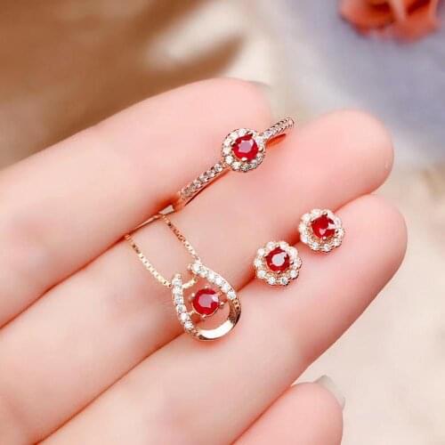 Best Gift Real Natural Ruby jewelry set Natural Real Ruby 925 sterling silver 1pc Ruby pendant,1pc ruby ring,2pcs ruby Earring