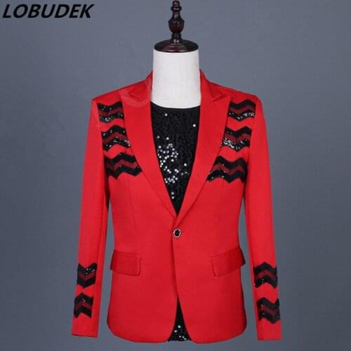 Fashion Red Black Sequined Blazers Slim Coat Spring Summer Bar Prom Mens Clothing Banquet Singer Host Stage Performance Costume
