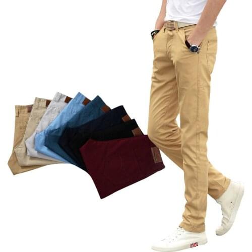 Fashion Mens Pants Straight Cotton Slim Mid-Weight Trousers Solid Flat Casual Slacks Metro-sexual Hot Sale