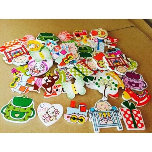 2015 New 110Pcs Cartoons Style Wood Botones Decorative Buttons 2 Holes Sewing Accessories Wooden Buttons 15-45mm Scrapbooking