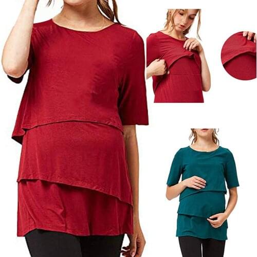Breastfeeding Clothes Womens Maternity Lactation T-shirt Solid Round Neck Top Maternity Shirts Vetement Allaitement Femme
