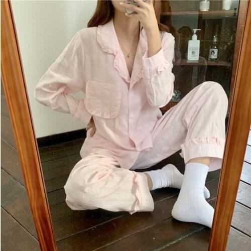 Winter Sexy Pajamas Suit Women 100% Cotton Clothes Female Long Sleeve Ruffles Blouse Loose Pants Home Sleepwear Soft