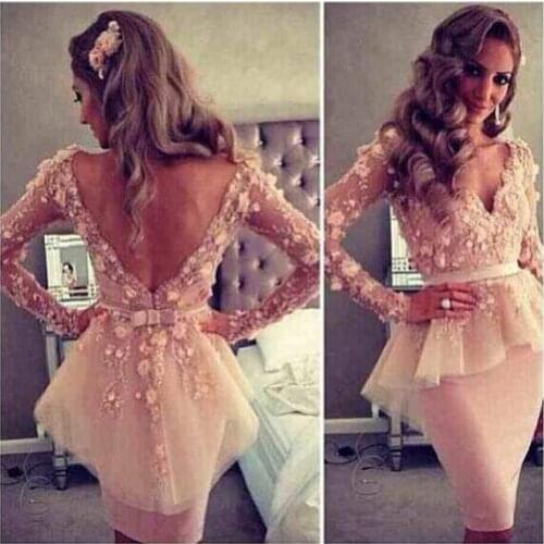 2020 Myriam Fares Blush Pink V-neck Long Sleeves Lace Flowers Sheath Backless Peplum Celebrity Dresses Cocktail Dresses