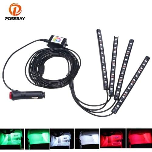 POSSBAY 4 In 1 Car Ambient LED Atmosphere Light Foot Light Cigarette Lighter Remote Control RGB Interior Decorative Lamp Strip