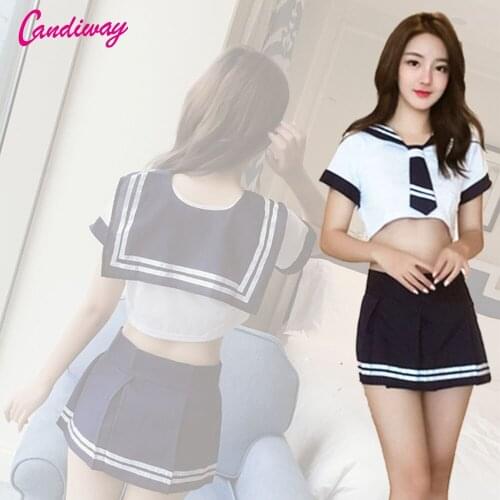 Candiway Sexy costume Role Play Schoolgirl Outfit Babydoll Mini Skirt Uniform with Tie Top Shirt