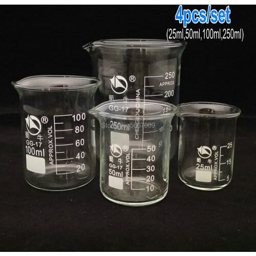 1set (25ml,50ml,100ml,250ml) Borosilicate Glass Beaker Chemistry Experiment heat-resist Labware Beaker Laboratory Equipment