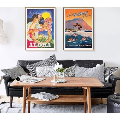 Summer Surfing at Hawaii Travel Canvas Painting Vintage Wall Art Poster and Print Decorative Picture for Living Room Home Decor