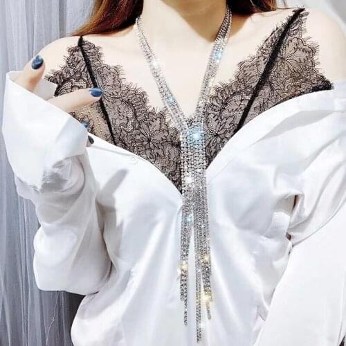 Exaggeration Overlength Internet celebrity Womens Necklace Neck chain Rhinestone fringed Celebrity Evening dress accessories