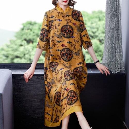 Retro Silk Loose Straight Midi Dress Half Sleeve Pocket Yellow Plus Size Stand-Up Collar Spring Summer Women Flower Clothing