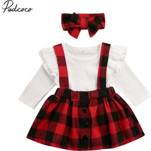 2020 Baby Spring Autumn Clothing Christmas Newborn Baby Girl Clothes Knitted Ribbed Tops Romper Plaids Bib Skirt Headband Outfit