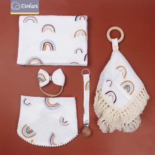 Elinfant 5pcs set fashion style baby headband cotton burp cloth comforter blanket pacifier clips holder baby bibs