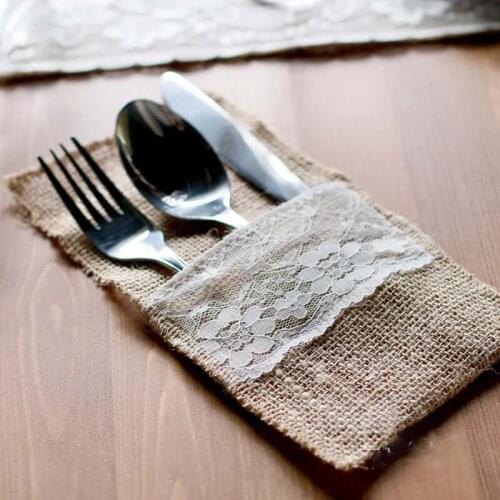 50pcs 21 *10CM Jute Tableware Pouch Pocket Burlap Lace Knife and Fork Bag For Rustic Wedding Decoration