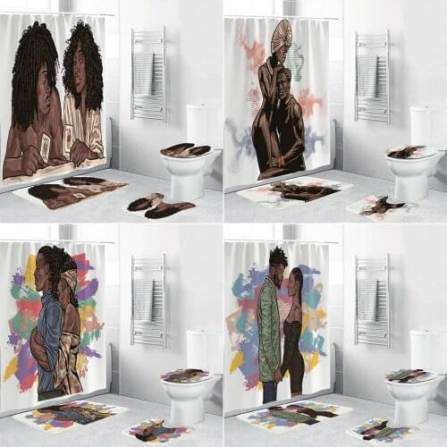 African American Women Shower Curtain Set Bath Mats Rugs Black Couple Art Lover Bathroom Curtains Anti-slip Carpet Toilet Cover