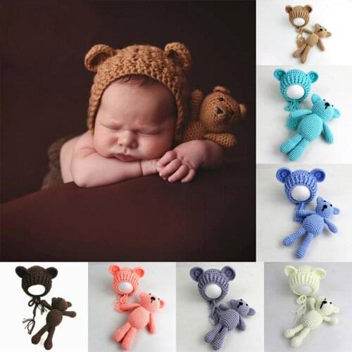 Baby photography accessories newborn photo props infant bear hat with doll crochet toddler cap hat fotografia new born shooting