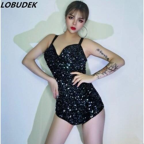 Glitter Red Black Sequins Sling Bodysuit Bar Nightclub DJ Stage Singer Dancer Pole Dancing Jazz Performance Costume