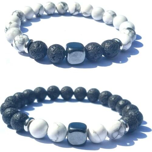 Square Hematite 8mm Natural Howlite Black Lava Stone Beads Bracelet DIY Essential Oil Diffuser Bracelet Stainless spacer Jewelry