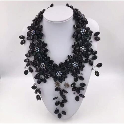 Black agate and freshwater pearl flower beads necklace 19inch weholesale beads gift FPPJ hand make