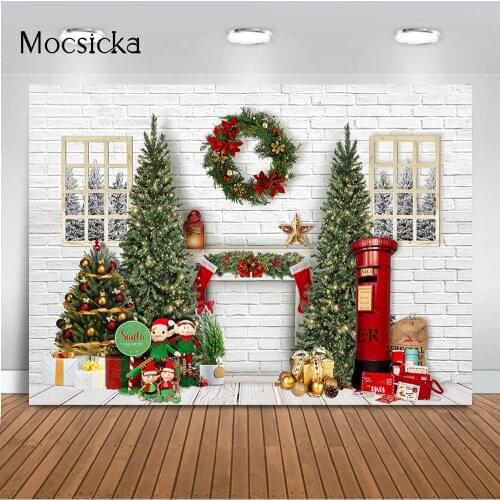 Christmas Fireplace Backdrop for Photography White Brick Wall Background for Photo Studio Windows Christmas Tree Photocall Props
