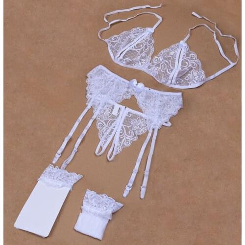 Women 4Piece Set Sexy Lingerie Transparent Bowknot Bra And Panty Set Add Net Stockings Lace Brief Sets Underwear Set Femme Bras