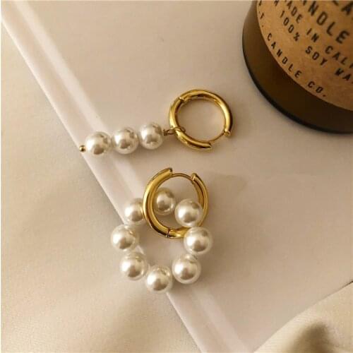 FFLACELL Korea Fashion Simple Asymmetric Metal Imitation Pearl Drop Earrings for Women Girls Party Jewelry