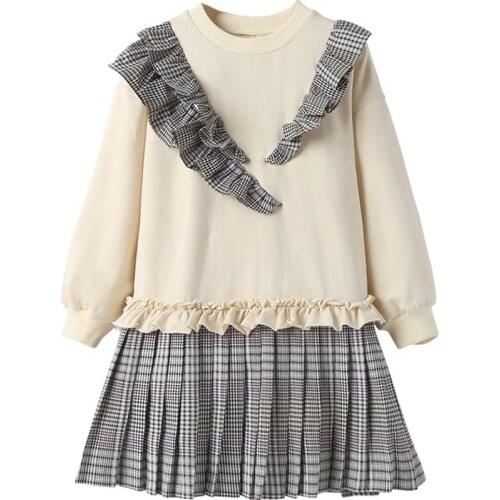 Girls' fashionable spring clothes, new western style childrens dress, Korean version and plaid pleated skirt
