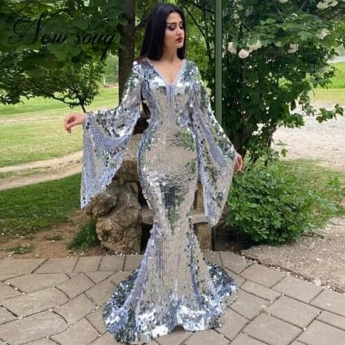 Fashion Shiny Sequins Formal Evening Dresses V Neck Dubai New Women Party Gowns Robe De Soiree kaftans Arabic Mermaid Prom Dress