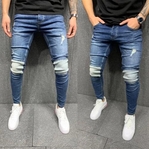Mens Patchwo ripped jeans slim Patchwork blue Denim pants pencil pants street hip-hop denim trousers fashion cowboy clothing men