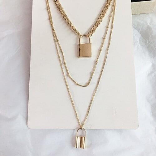 2020 New Gold Chunky Chain Lock Key Triple Layers Gambling Dice Hiphop Rock Club Necklaces Women Korean Fashion Party Jewelry