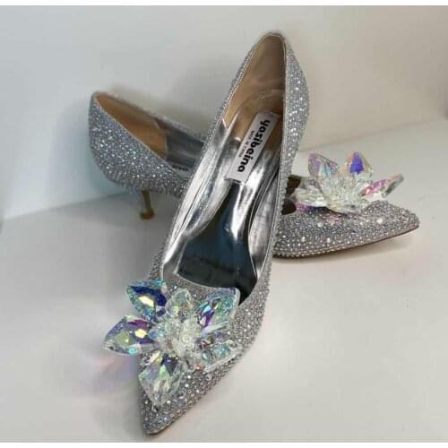 New Cinderella Crystal Shoes Heels Women Pointed Sexy bride shoes Womens High Heels Female Silver Rhinestone Wedding Shoes