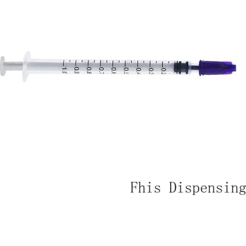 Dispensing Syringes 1cc 1ml Plastic with Tip Purple Cap Pack of 100