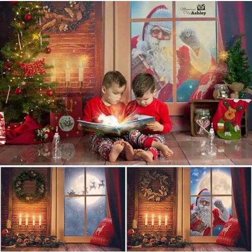 Christmas Snow Moon Background Santa Claus Gift Chirldren Portrait Backdrops for Photography Lit Candle Wreath Decorations Props